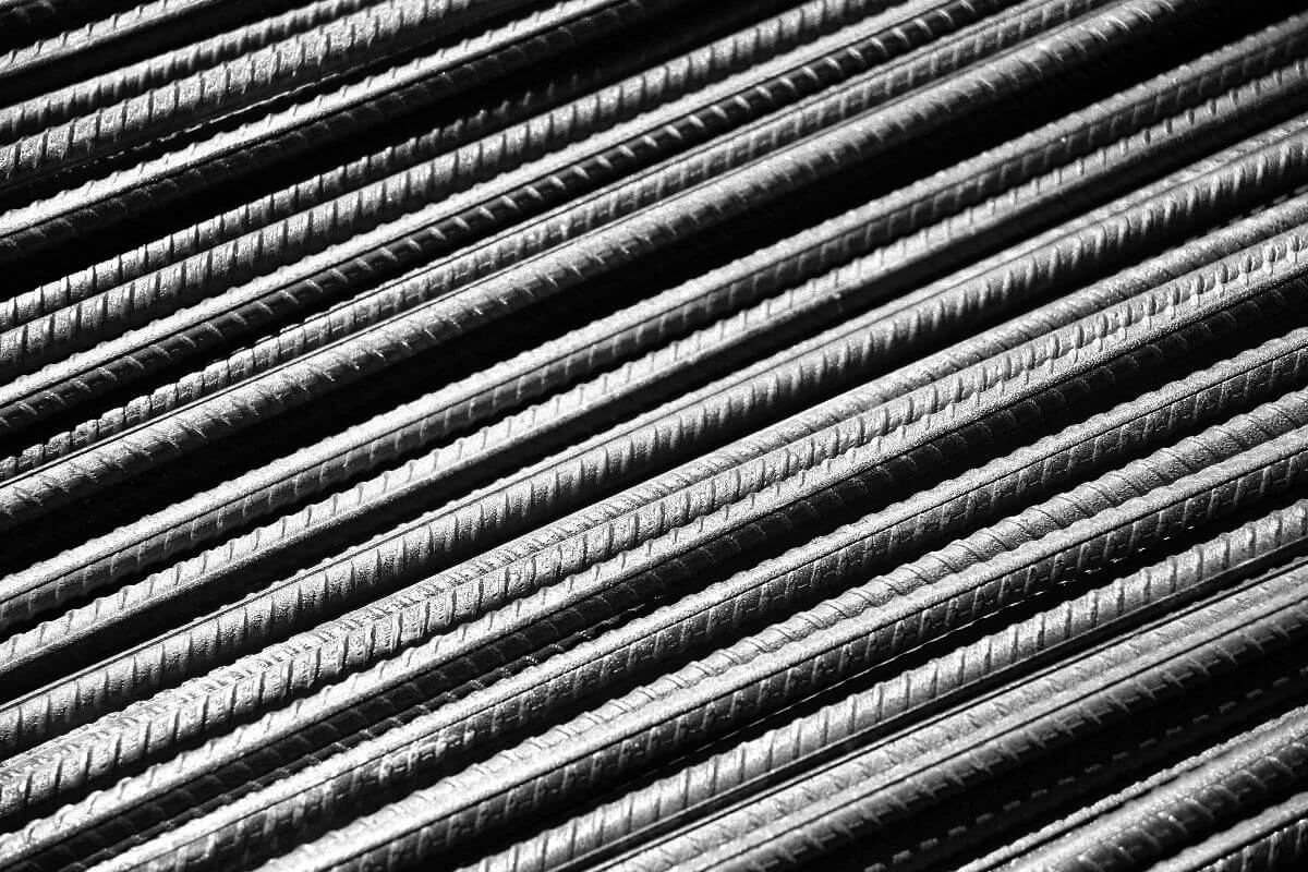 Close-up view of ribbed deformed round bars used for concrete reinforcement