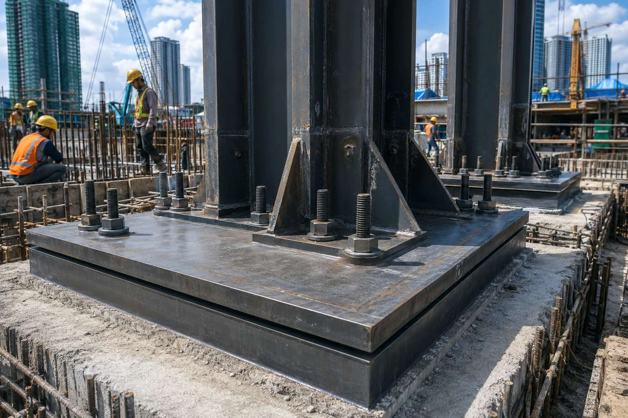 Close-up of steel column base plate with anchor bolts on a reinforced concrete foundation