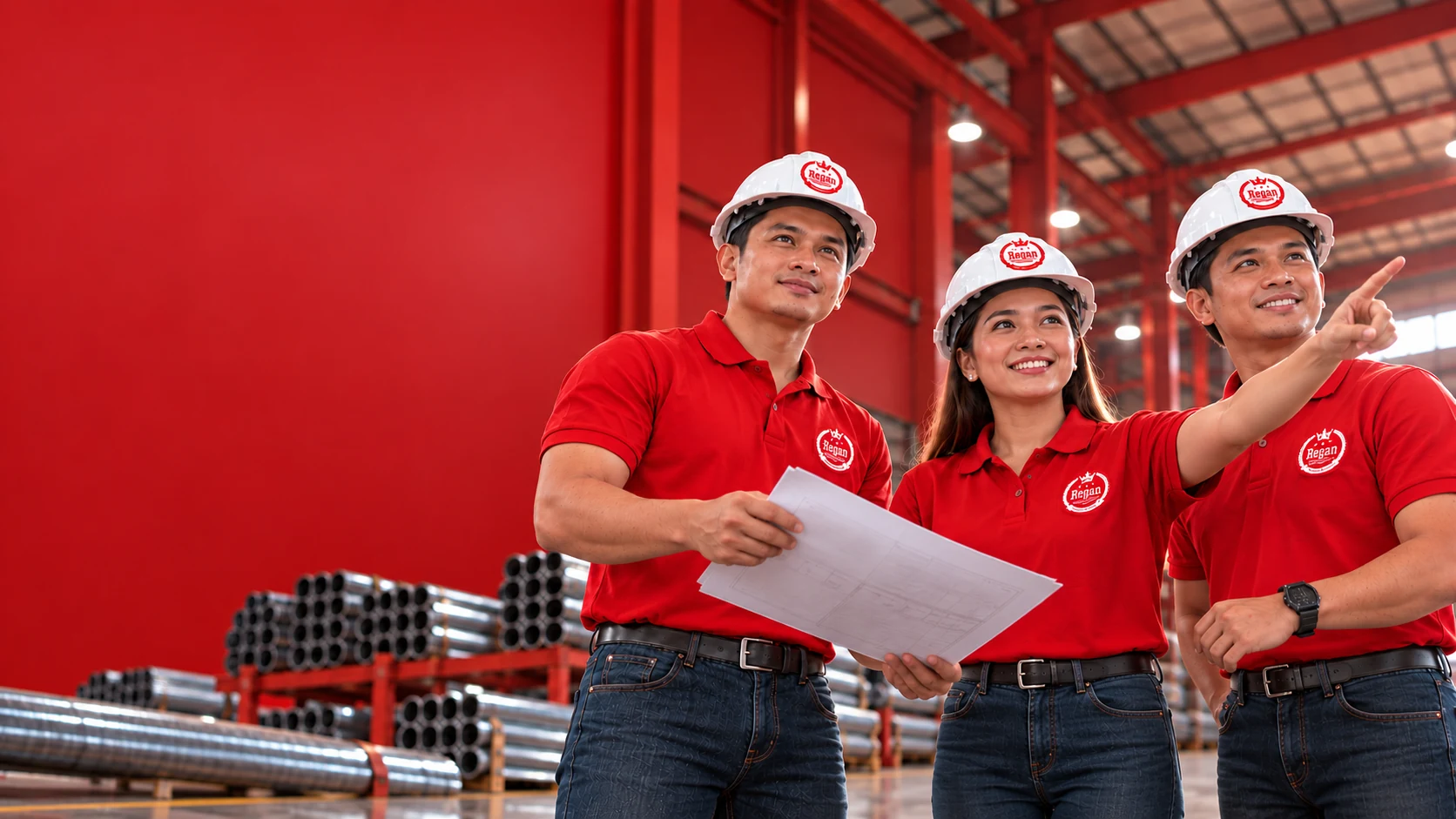 Illustrative scene of three people in Regan-branded red polos and white hard hats reviewing plans beside stacked steel pipes.