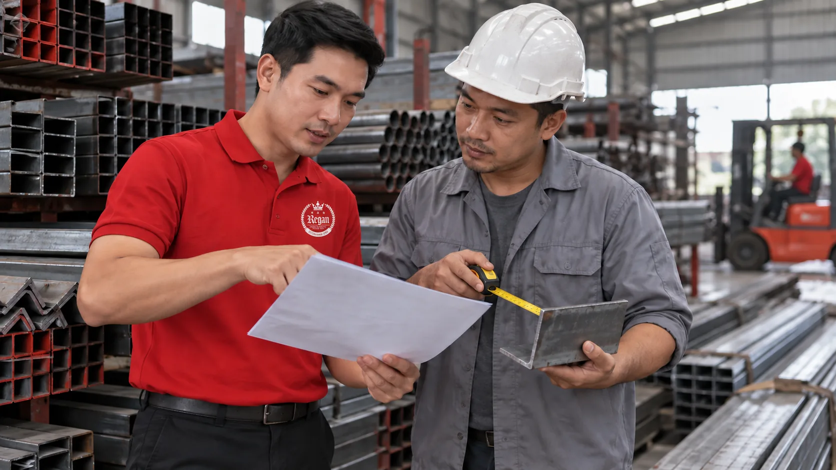 Two people checking a paper and steel profile in a warehouse