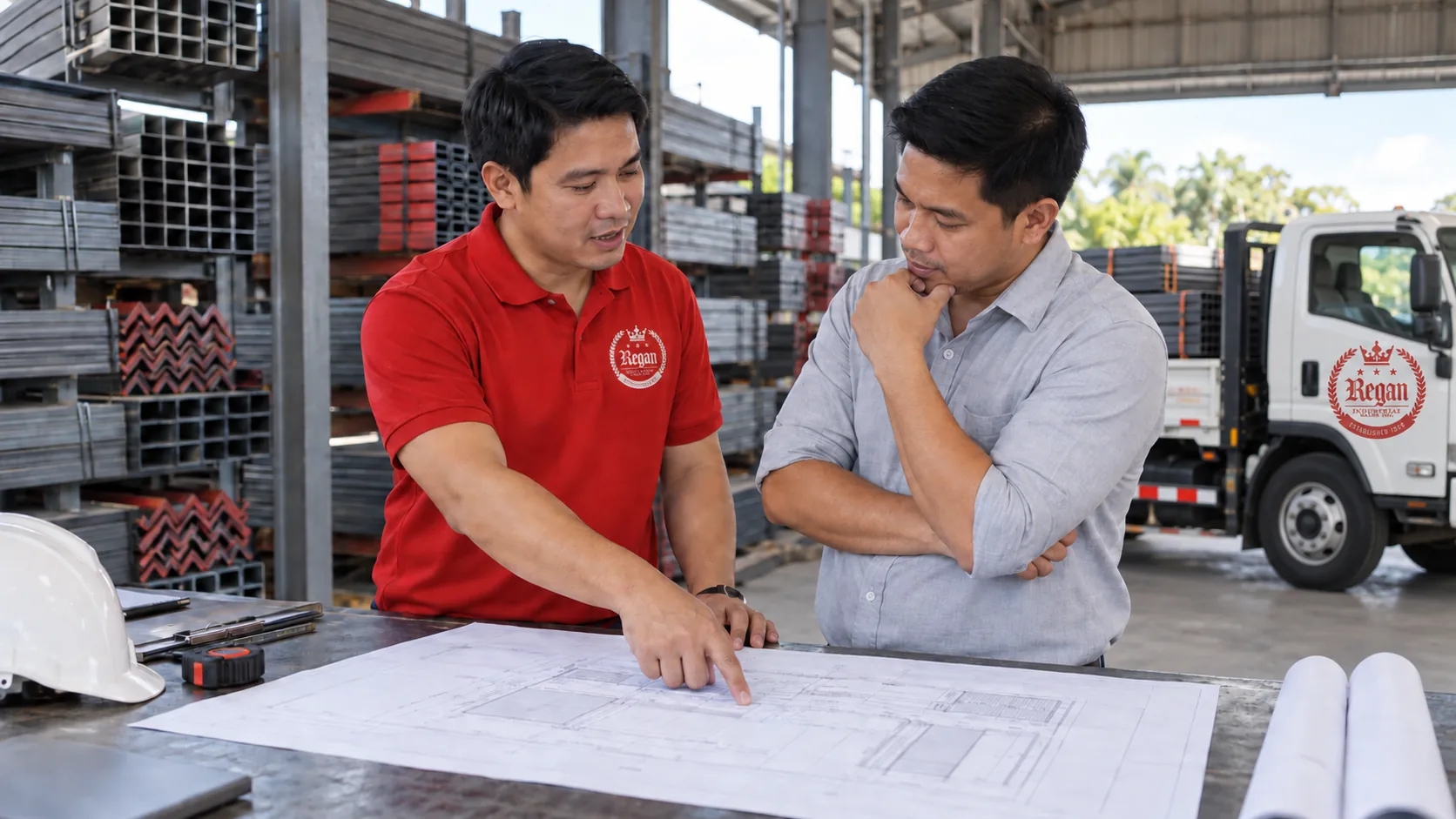 Two people discussing a site plan with a branded delivery truck behind them