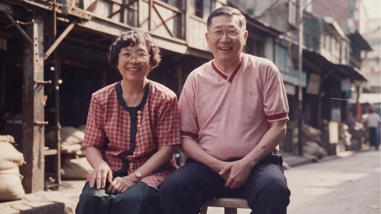 Two people seated together outside an industrial building.