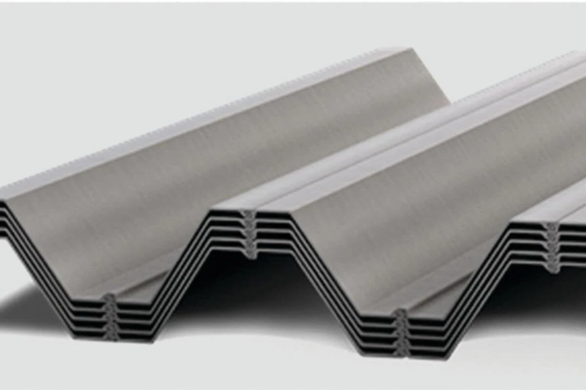 Close-up of interlocking MHZ sheet piles used for flood protection, retaining walls, and infrastructure projects.