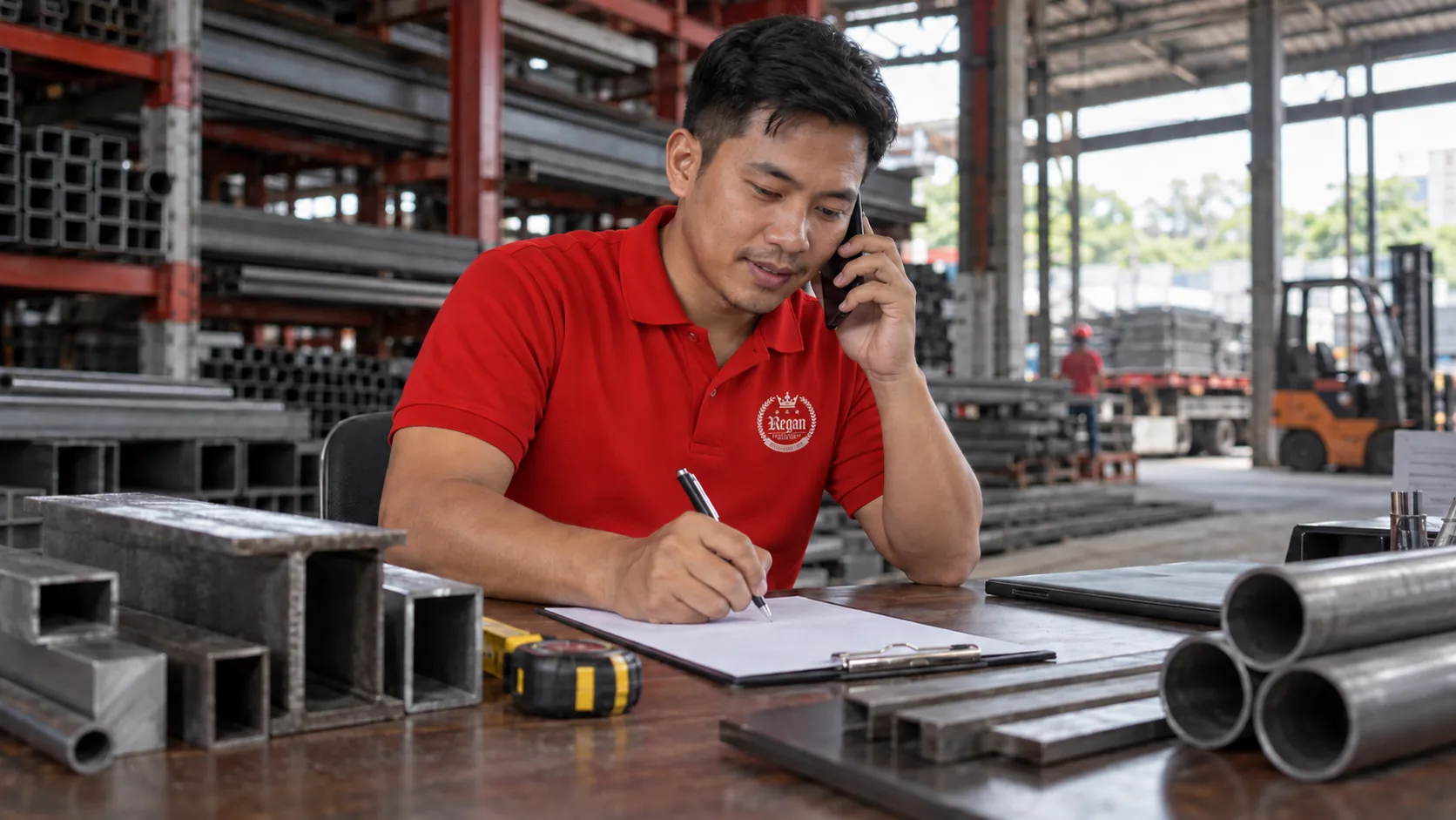 Person in a red polo shirt taking a phone call beside steel samples