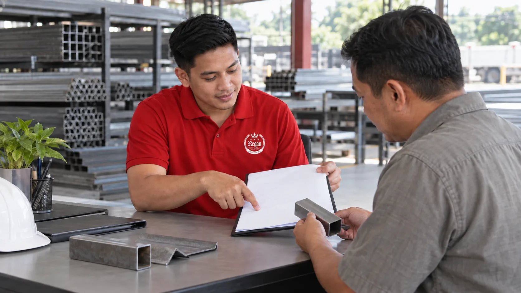 Representative reviewing documents with a customer beside steel samples