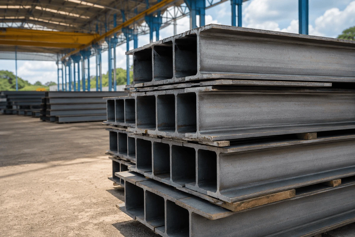 Stacked structural steel I-beams in a fabrication yard ready for commercial and industrial construction applications.