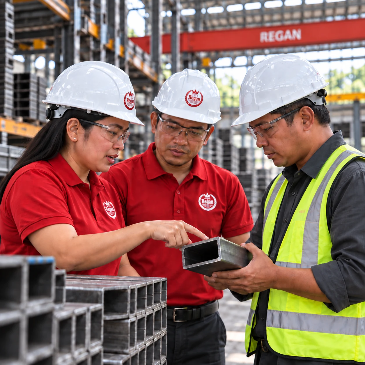 Regan staff in red polos discussing a steel requirement with a client
