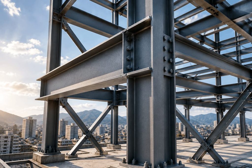 Steel building framework with wide flange beams, columns, and diagonal bracing for structural strength and resilience