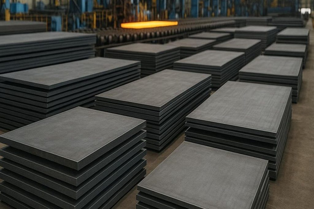 Stacks of mild steel plates arranged inside a steel processing and storage facility